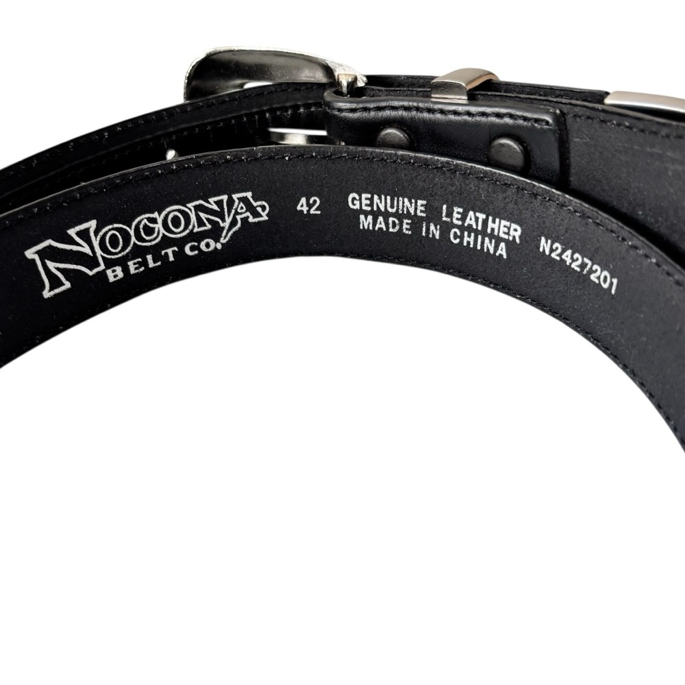 NOCONA BELT‎ CO - SIZE 42 - SILVER TONE-  MEN’s BLACK LEATHER BELT - EXC COND S7 - Picture 5 of 11